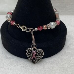 Breast‎ Cancer Sterling Silver Inspirational Beaded Charm Bracelet Pink